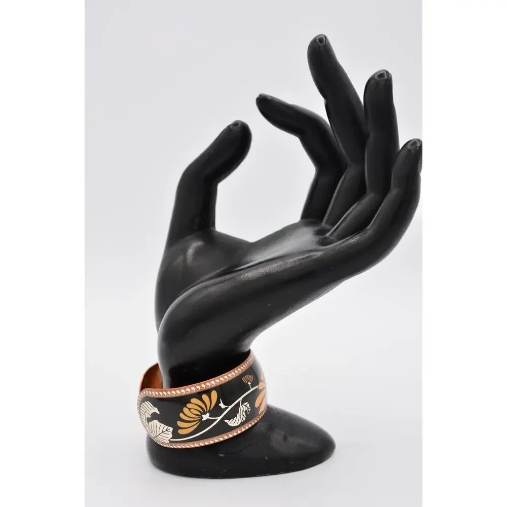 80F Damascene Cuff Bangle Bracelet Copper Lotus Flower Black Signed BinAW